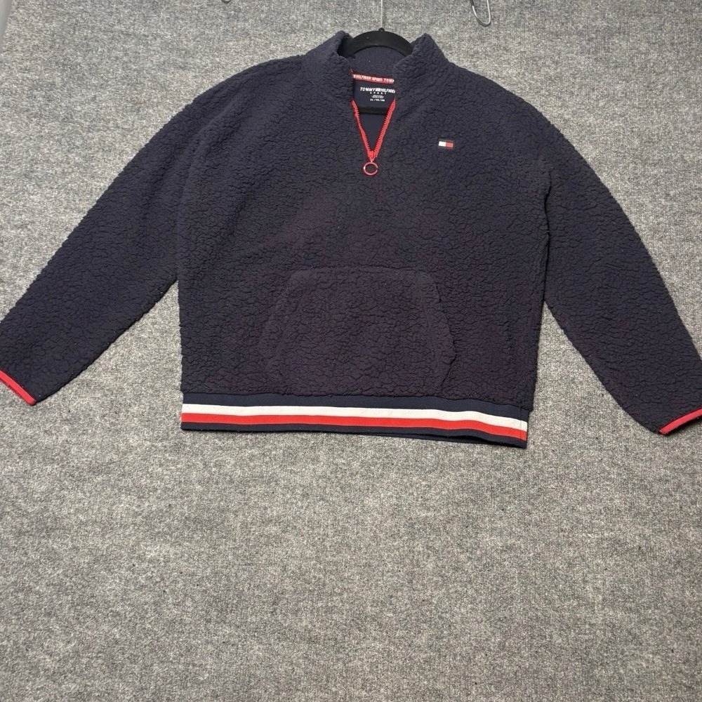 Tommy Hilfiger Pullover Women XL Navy Sherpa Fleece Quarter Zip Sport Flag Logo